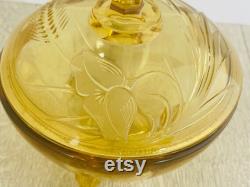 Amber glass trinket or powder pot poppy, cornflower and wheat design