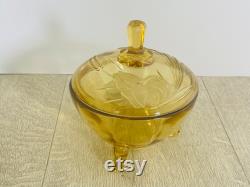 Amber glass trinket or powder pot poppy, cornflower and wheat design