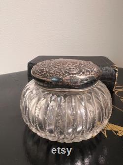 American Brilliant Cut Glass dresser jar with a sterling silver repoussé lid.vanity decor