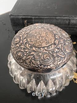 American Brilliant Cut Glass dresser jar with a sterling silver repoussé lid.vanity decor