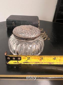 American Brilliant Cut Glass dresser jar with a sterling silver repoussé lid.vanity decor