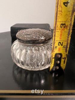 American Brilliant Cut Glass dresser jar with a sterling silver repoussé lid.vanity decor