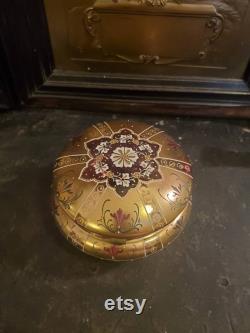 An Antique, Victorian, By Moser, Cranberry Glass, Hinged Ormulu, Footed, Powder Box, Gilt Gold Enameled, Design