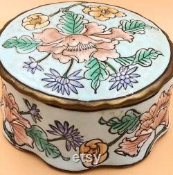 Andrea By Sadek Ceramic Powder Trinket Treasure Bowl. Cloisonné type light blue with hand painted pink green flowers. Gold trim. Vintage.