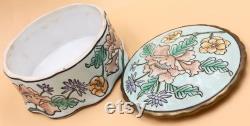Andrea By Sadek Ceramic Powder Trinket Treasure Bowl. Cloisonné type light blue with hand painted pink green flowers. Gold trim. Vintage.
