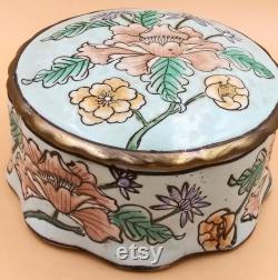 Andrea By Sadek Ceramic Powder Trinket Treasure Bowl. Cloisonné type light blue with hand painted pink green flowers. Gold trim. Vintage.