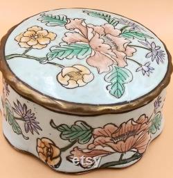 Andrea By Sadek Ceramic Powder Trinket Treasure Bowl. Cloisonné type light blue with hand painted pink green flowers. Gold trim. Vintage.