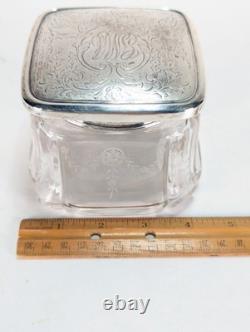 Antique 1893 Gorham Sterling Silver Glass Powder Jar Dresser Vanity Box 60g Lid