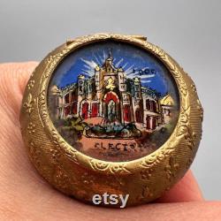 Antique 1900 Paris Expo Palais de l'Electricite Compact Enamel and Brass Powder Mirror Box with Hand-Painted Scene Pill Box