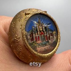 Antique 1900 Paris Expo Palais de l'Electricite Compact Enamel and Brass Powder Mirror Box with Hand-Painted Scene Pill Box