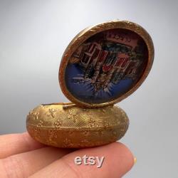 Antique 1900 Paris Expo Palais de l'Electricite Compact Enamel and Brass Powder Mirror Box with Hand-Painted Scene Pill Box