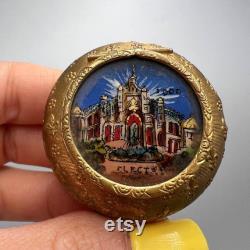 Antique 1900 Paris Expo Palais de l'Electricite Compact Enamel and Brass Powder Mirror Box with Hand-Painted Scene Pill Box