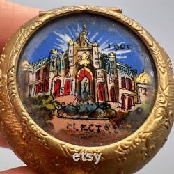 Antique 1900 Paris Expo Palais de l'Electricite Compact Enamel and Brass Powder Mirror Box with Hand-Painted Scene Pill Box