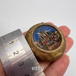 Antique 1900 Paris Expo Palais de l'Electricite Compact Enamel and Brass Powder Mirror Box with Hand-Painted Scene Pill Box