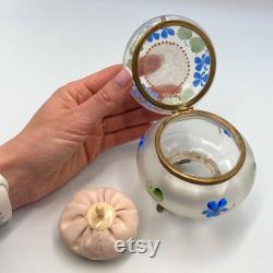 Antique 1910 Russian Empire Glass Powder Jar with Hand-Painted Violets, Original Puff and Bronze Feet Vintage Vanity Decor Collectible