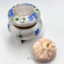 Antique 1910 Russian Empire Glass Powder Jar with Hand-Painted Violets, Original Puff and Bronze Feet Vintage Vanity Decor Collectible