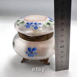 Antique 1910 Russian Empire Glass Powder Jar with Hand-Painted Violets, Original Puff and Bronze Feet Vintage Vanity Decor Collectible
