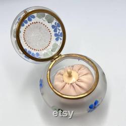 Antique 1910 Russian Empire Glass Powder Jar with Hand-Painted Violets, Original Puff and Bronze Feet Vintage Vanity Decor Collectible