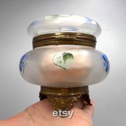Antique 1910 Russian Empire Glass Powder Jar with Hand-Painted Violets, Original Puff and Bronze Feet Vintage Vanity Decor Collectible