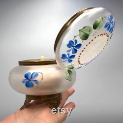 Antique 1910 Russian Empire Glass Powder Jar with Hand-Painted Violets, Original Puff and Bronze Feet Vintage Vanity Decor Collectible