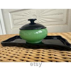 Antique 1920s Fenton Jade Optic Green Black Glass Vanity Tray Powder Box
