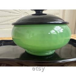 Antique 1920s Fenton Jade Optic Green Black Glass Vanity Tray Powder Box
