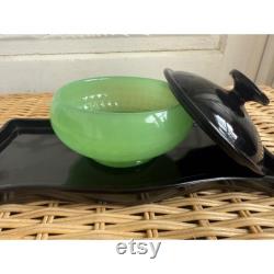 Antique 1920s Fenton Jade Optic Green Black Glass Vanity Tray Powder Box