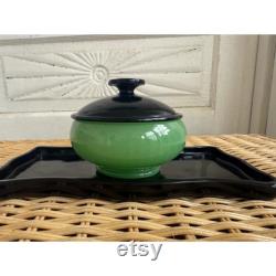 Antique 1920s Fenton Jade Optic Green Black Glass Vanity Tray Powder Box
