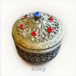 Antique 1920s Ornate Filagree Vanity Box with Faux Jewels