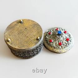 Antique 1920s Ornate Filagree Vanity Box with Faux Jewels