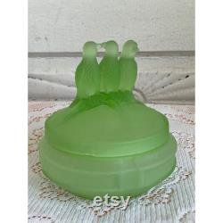 Antique 1930s LE Smith 3 Birds Green Satin Uranium Glass Powder Trinket Box