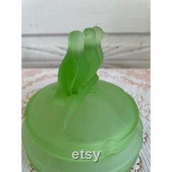 Antique 1930s LE Smith 3 Birds Green Satin Uranium Glass Powder Trinket Box