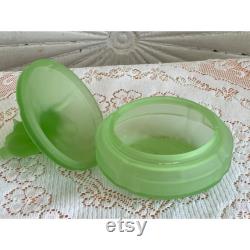 Antique 1930s LE Smith 3 Birds Green Satin Uranium Glass Powder Trinket Box