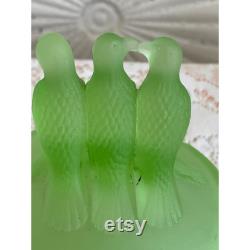 Antique 1930s LE Smith 3 Birds Green Satin Uranium Glass Powder Trinket Box