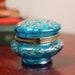 Antique 19th Century Moser Blown Turquoise Glass Enamel Lidded Decorative Vanity Powder Jewelry Trinket Box