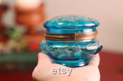 Antique 19th Century Moser Blown Turquoise Glass Enamel Lidded Decorative Vanity Powder Jewelry Trinket Box