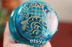 Antique 19th Century Moser Blown Turquoise Glass Enamel Lidded Decorative Vanity Powder Jewelry Trinket Box