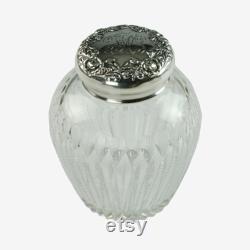 Antique ABP Crystal 4 Tall Dresser Powder Jar with Zipper Cuts and Sterling Silver Floral Repousse Lid