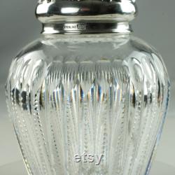 Antique ABP Crystal 4 Tall Dresser Powder Jar with Zipper Cuts and Sterling Silver Floral Repousse Lid
