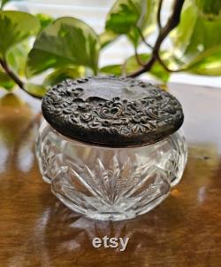 Antique American Repoussé Sterling Silver and Cut Crystal Vanity Powder Jar Home Decor Table Decor Boho Chic