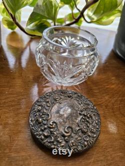 Antique American Repoussé Sterling Silver and Cut Crystal Vanity Powder Jar Home Decor Table Decor Boho Chic