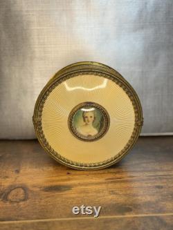 Antique Apollo brass, enamel and miniature painted portrait vanity powder box