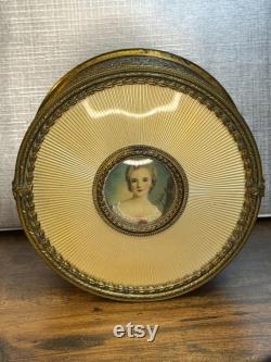 Antique Apollo brass, enamel and miniature painted portrait vanity powder box