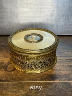 Antique Apollo brass, enamel and miniature painted portrait vanity powder box