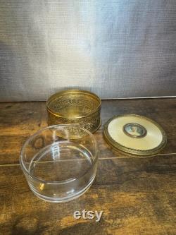 Antique Apollo brass, enamel and miniature painted portrait vanity powder box