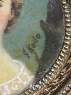 Antique Apollo brass, enamel and miniature painted portrait vanity powder box