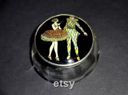 Antique Art Deco 1920s Faux Butterfly Wing Foil Lidded Glass Powder Bowl Powder Jar Harlequin Pierrot and Columbine