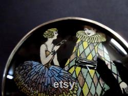 Antique Art Deco 1920s Faux Butterfly Wing Foil Lidded Glass Powder Bowl Powder Jar Harlequin Pierrot and Columbine