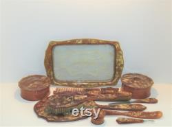 Antique Art Deco 20-30's Vanity Grooming Marbleized Celluloid Honey Color 16pcs