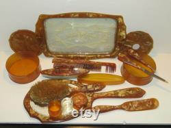 Antique Art Deco 20-30's Vanity Grooming Marbleized Celluloid Honey Color 16pcs